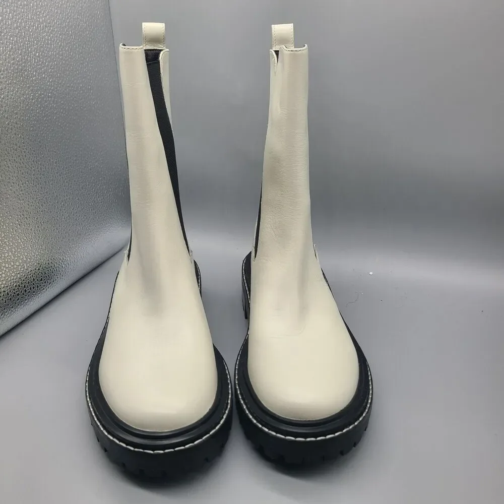 TORY BURCH Womens Benton Boots Pull On Chelsea Ivory Leather Midcalf sz 8.5 New